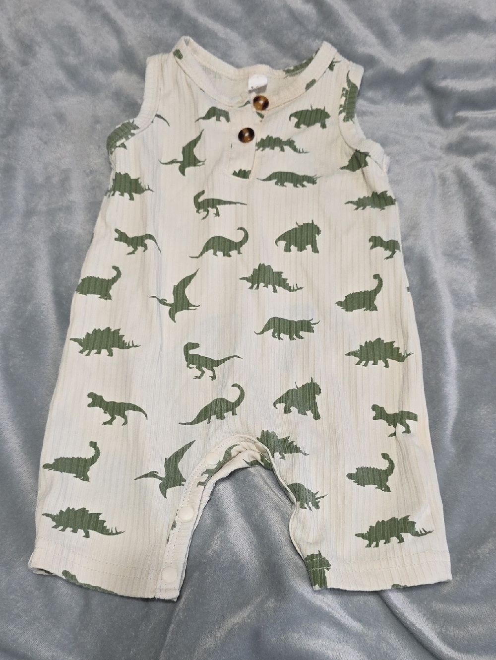 Cream Baby Romper with Olive Green Dinosaur Print